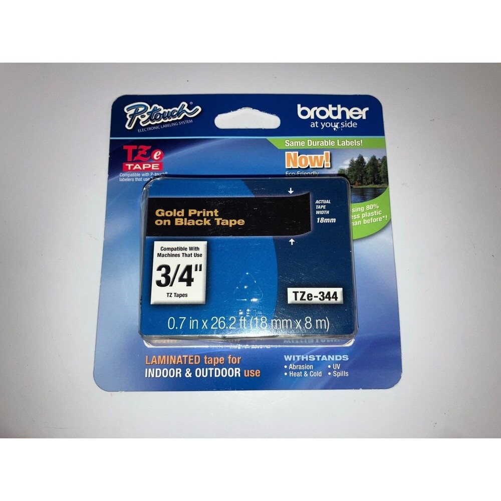 Brother TZe Adhesive Laminated Labeling Tape 3/4" Gold on Black TZE344 Nisb